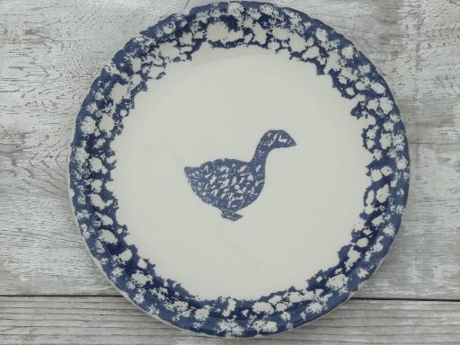 photo of Folk Craft spongeware pottery, blue sponge hearts & animals dinner plates #5