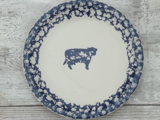 photo of Folk Craft spongeware pottery, blue sponge hearts & animals dinner plates #6