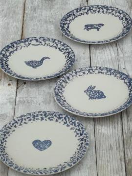 catalog photo of Folk Craft spongeware pottery, blue sponge hearts & animals dinner plates