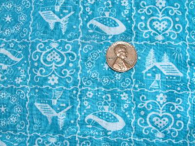 photo of Folk print on turquoise blue, 1950's fabric #1