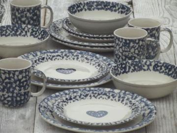 catalog photo of Folkcraft hearts spongeware pottery, Tienshan china dishes set for 4