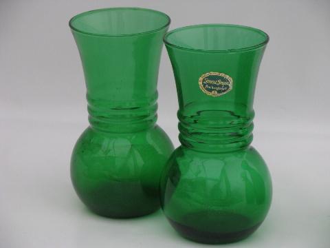 photo of Forest Green Anchor Hocking label, two pairs of vintage glass vases #2