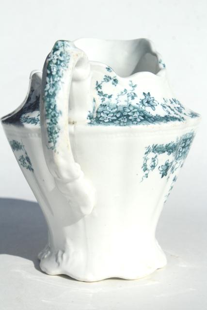 photo of Forget-Me-Not blue green transferware china pitcher, W Dean English semi porcelain ironstone #3