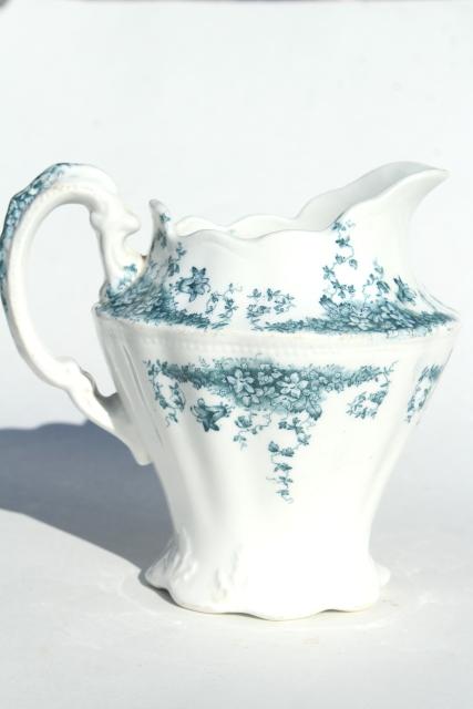 photo of Forget-Me-Not blue green transferware china pitcher, W Dean English semi porcelain ironstone #4