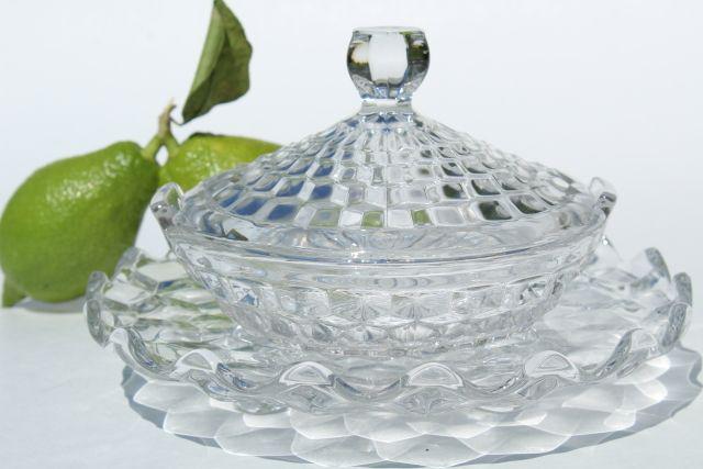 photo of Fostoria American cube pattern lemon server dish w/ cover & three-toed plate #2