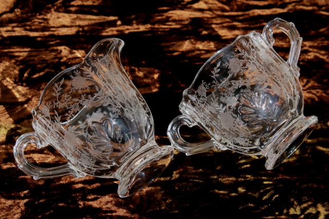 photo of Fostoria Baroque Chintz etch vintage elegant glass crystal clear cream & sugar set #7