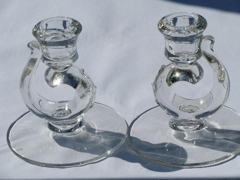 photo of Fostoria Century pair of single candlesticks, vintage pressed pattern glass #1