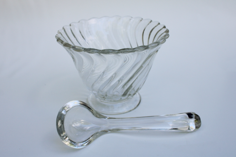 photo of Fostoria Colony swirl pattern glass mayonnaise bowl or sauce dish w/ glass ladle spoon #1