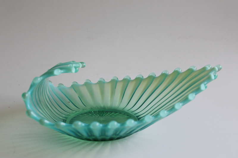 photo of Fostoria Heirloom sea green opalescent glass dish, ocean wave or shell shape mermaid aesthetic  #1