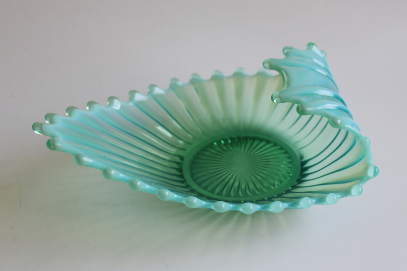 photo of Fostoria Heirloom sea green opalescent glass dish, ocean wave or shell shape mermaid aesthetic  #3