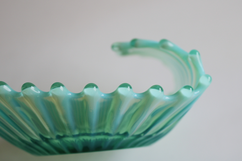 photo of Fostoria Heirloom sea green opalescent glass dish, ocean wave or shell shape mermaid aesthetic  #5