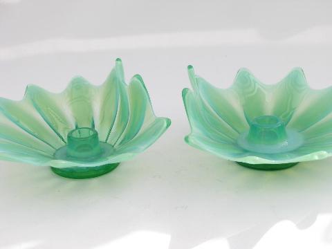 photo of Fostoria Heirloom vintage green opalescent glass flower candle holders #1