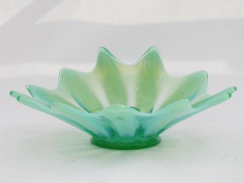 photo of Fostoria Heirloom vintage green opalescent glass flower candle holders #3