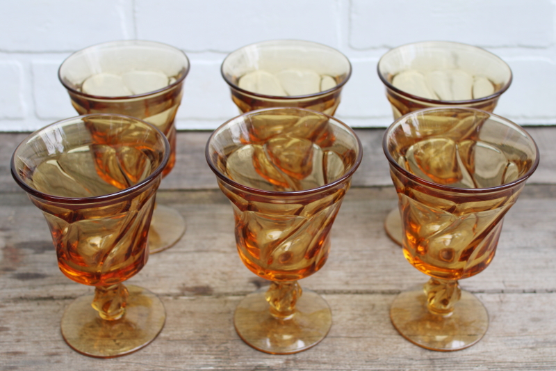 photo of Fostoria Jamestown amber glass goblets, vintage water or wine glasses set of 6  #4