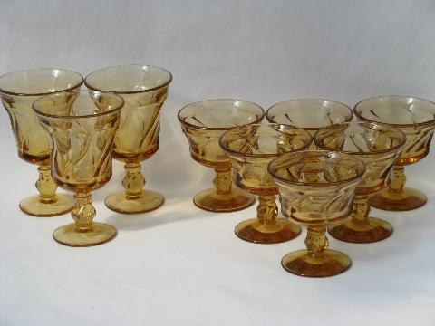 photo of Fostoria Jamestown amber glass water glasses, sherbets stemware lot #1