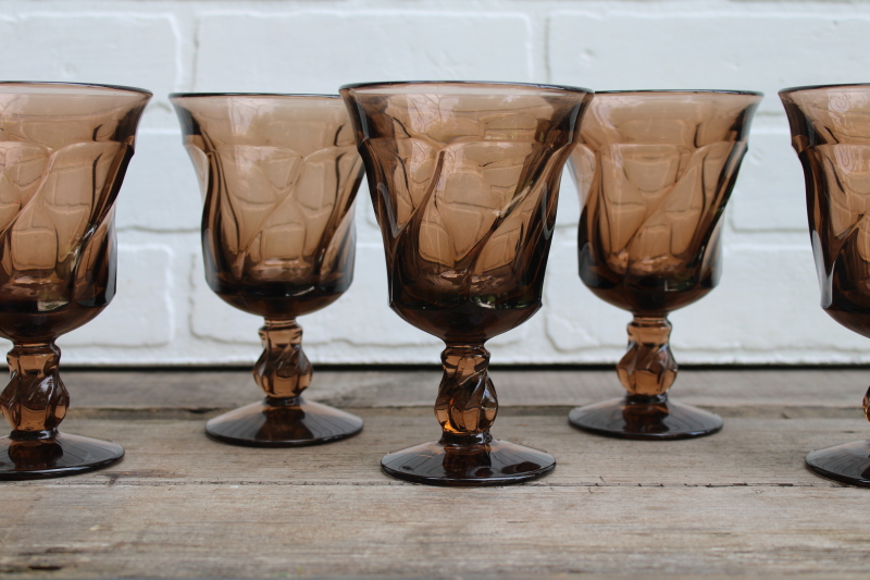 photo of Fostoria Jamestown smoke brown glass goblets, vintage water or wine glasses set of 6 #2