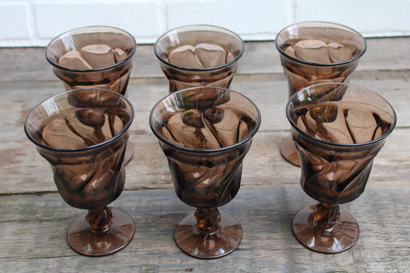 photo of Fostoria Jamestown smoke brown glass goblets, vintage water or wine glasses set of 6 #3
