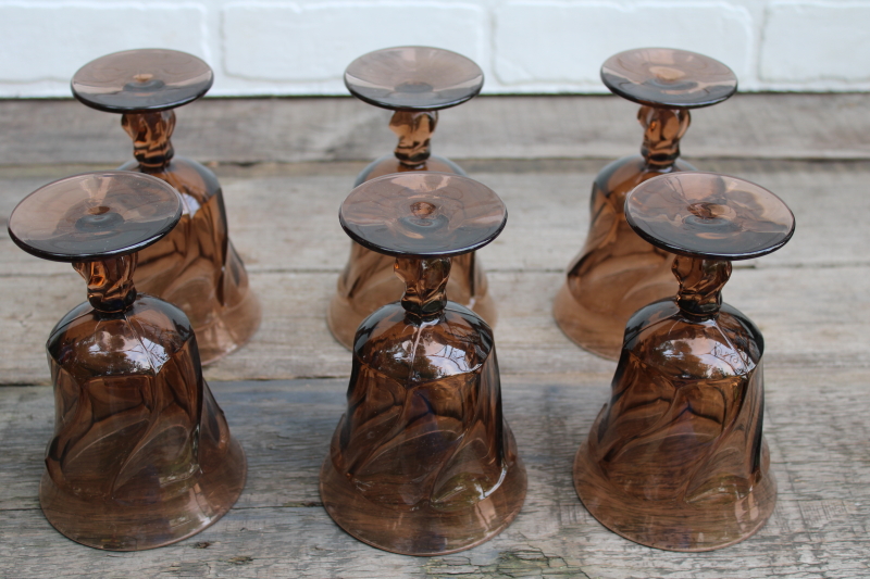 photo of Fostoria Jamestown smoke brown glass goblets, vintage water or wine glasses set of 6 #4