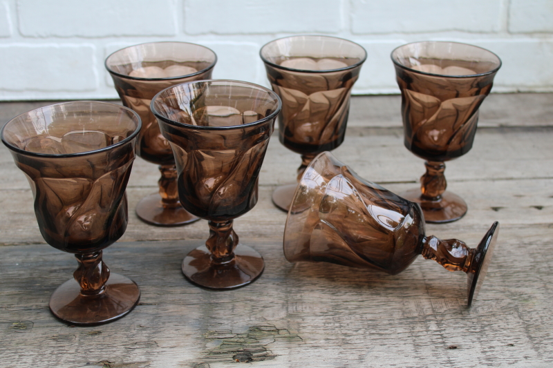 photo of Fostoria Jamestown smoke brown glass goblets, vintage water or wine glasses set of 6 #5