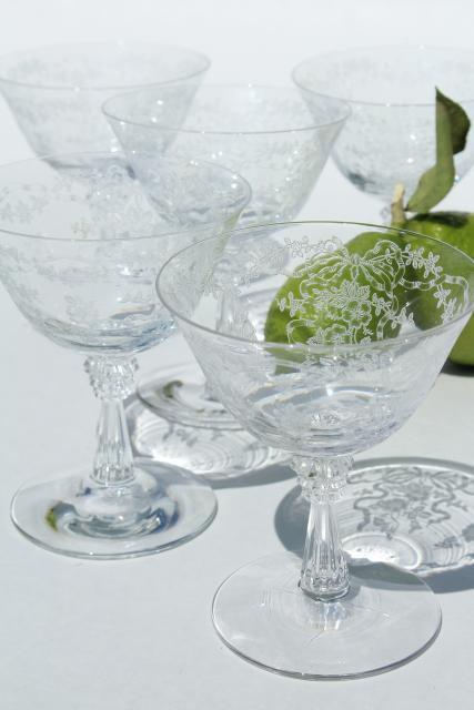 photo of Fostoria Romance etched glass stemware, crystal clear vintage sherbets or champagne glasses #1