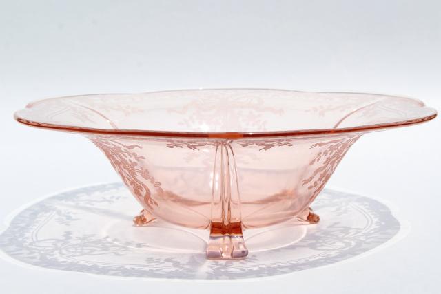 photo of Fostoria Romance etched glass three toed bowl, vintage pink depression glass centerpiece #2