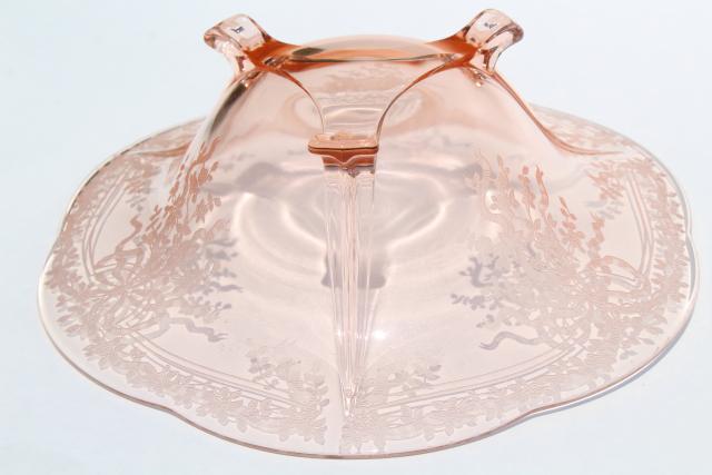 photo of Fostoria Romance etched glass three toed bowl, vintage pink depression glass centerpiece #6