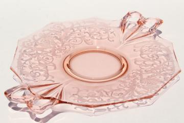 catalog photo of Fostoria Versailles etch vintage pink glass cake plate w/ tray handles