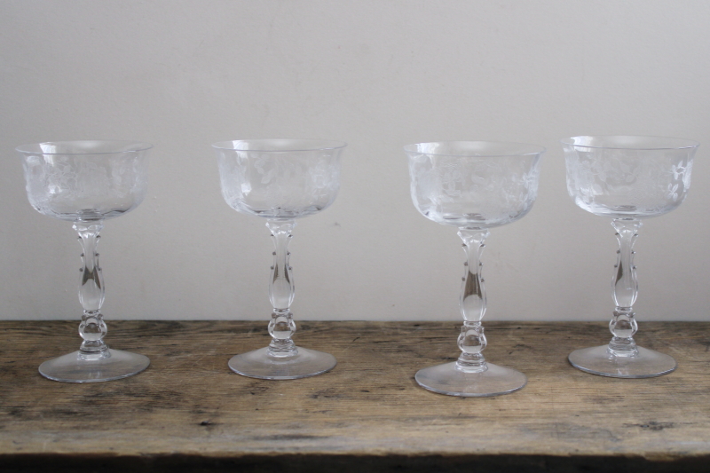 photo of Fostoria Willowmere roses etch champagne glasses set, vintage crystal stemware #1