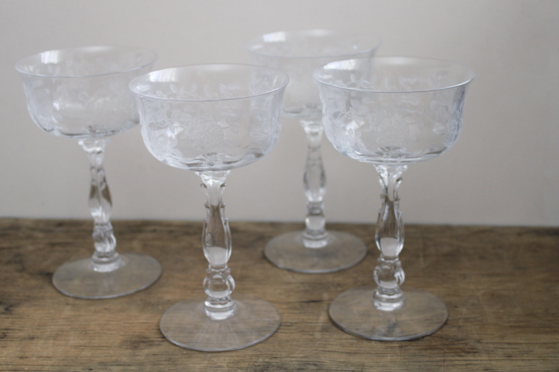 photo of Fostoria Willowmere roses etch champagne glasses set, vintage crystal stemware #5