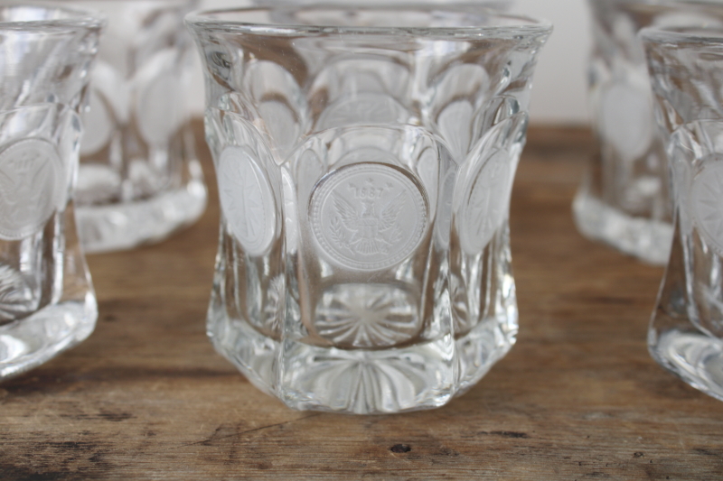 photo of Fostoria coin glass drinking glasses, vintage set 8 lowball tumblers, clear glass w/ frosted coins  #2