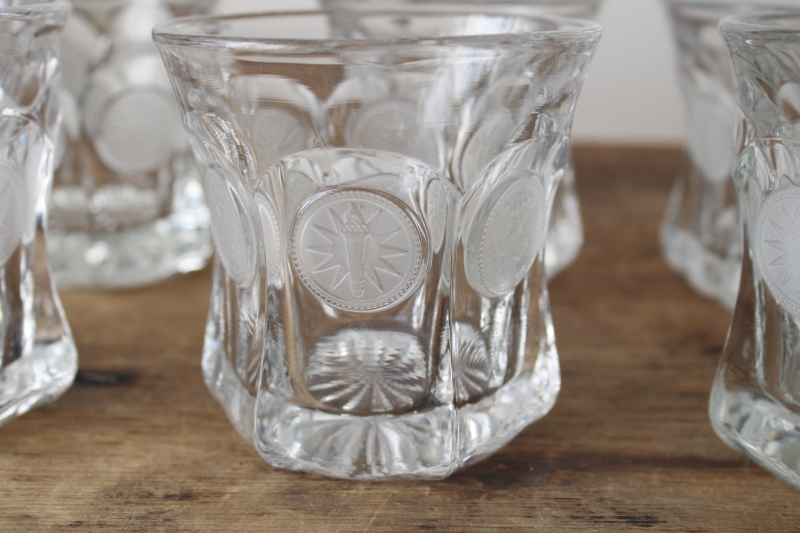 photo of Fostoria coin glass drinking glasses, vintage set 8 lowball tumblers, clear glass w/ frosted coins  #3