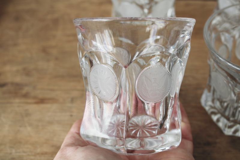 photo of Fostoria coin glass drinking glasses, vintage set 8 lowball tumblers, clear glass w/ frosted coins  #4