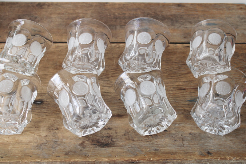photo of Fostoria coin glass drinking glasses, vintage set 8 lowball tumblers, clear glass w/ frosted coins  #5