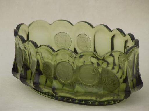 photo of Fostoria coin glass oval bowl, vintage avocado green or olive green glass #1