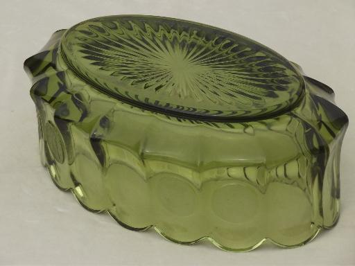 photo of Fostoria coin glass oval bowl, vintage avocado green or olive green glass #4