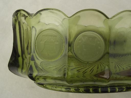 photo of Fostoria coin glass oval bowl, vintage avocado green or olive green glass #5