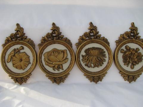 photo of Four Seasons flowers, set of retro Syroco gold plastic wall plaques #1