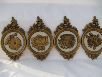 catalog photo of Four Seasons flowers, set of retro Syroco gold plastic wall plaques