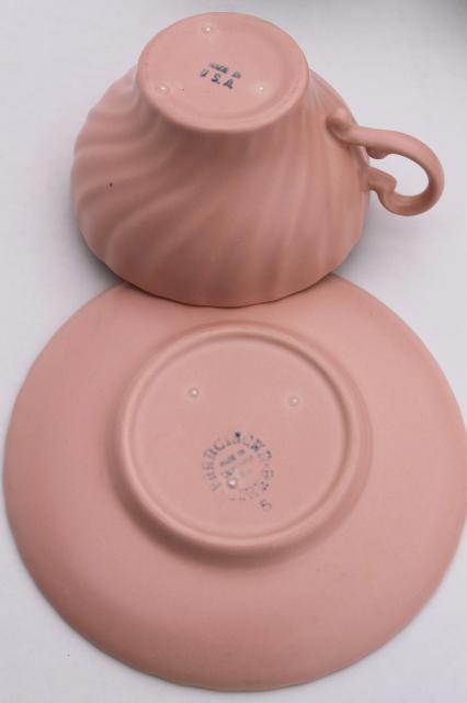 photo of Franciscan Coronado vintage matte glaze pottery cups & saucers, mid-century mod pastels #2