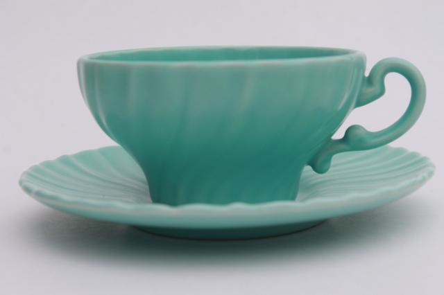 photo of Franciscan Coronado vintage matte glaze pottery cups & saucers, mid-century mod pastels #3