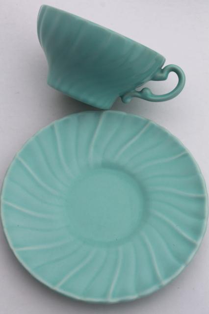 photo of Franciscan Coronado vintage matte glaze pottery cups & saucers, mid-century mod pastels #4