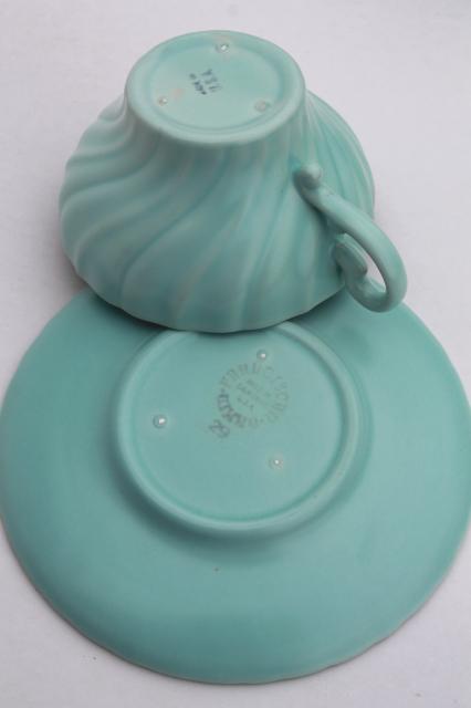 photo of Franciscan Coronado vintage matte glaze pottery cups & saucers, mid-century mod pastels #5