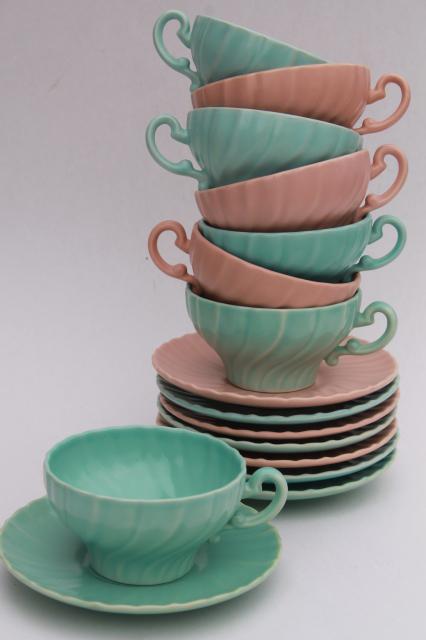 photo of Franciscan Coronado vintage matte glaze pottery cups & saucers, mid-century mod pastels #7