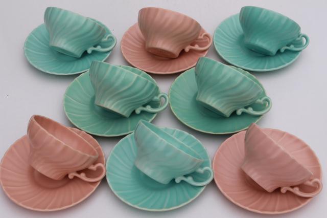 photo of Franciscan Coronado vintage matte glaze pottery cups & saucers, mid-century mod pastels #8