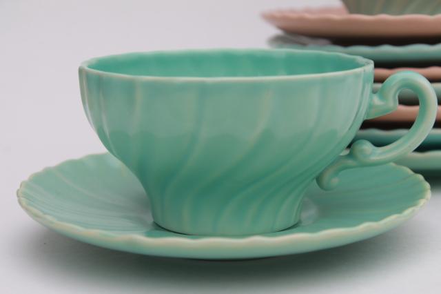 photo of Franciscan Coronado vintage matte glaze pottery cups & saucers, mid-century mod pastels #9