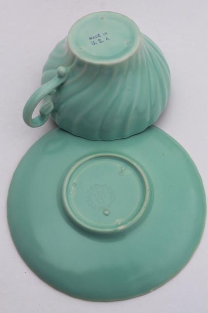 photo of Franciscan Coronado vintage matte glaze pottery cups & saucers, mid-century mod pastels #11