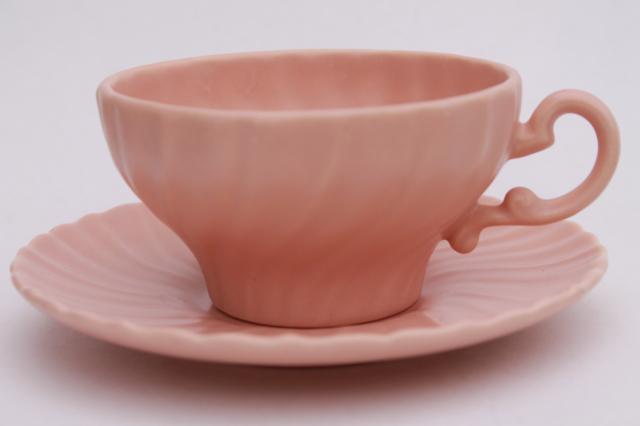 photo of Franciscan Coronado vintage matte glaze pottery cups & saucers, mid-century mod pastels #13