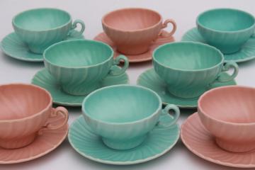 catalog photo of Franciscan Coronado vintage matte glaze pottery cups & saucers, mid-century mod pastels