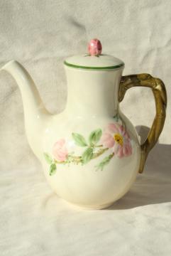 catalog photo of Franciscan Desert Rose coffee pot, green trim on lid - vintage back stamp USA mark