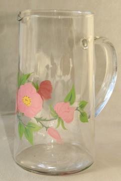 catalog photo of Franciscan Desert Rose go along glassware, clear glass pitcher w/ pink flowers